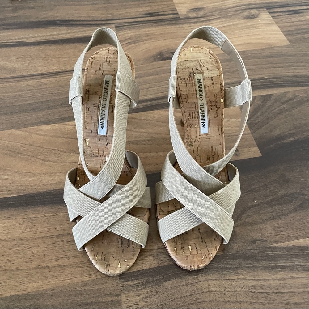 Manolo Blahnik Lasti Cork Heels Cream Neutral 6.5 - Picture 3 of 15